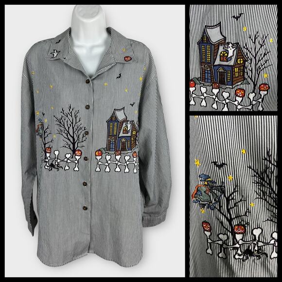 Karen Scott Women's XL Striped Halloween Haunted House Embroidered Blouse Top - Picture 1 of 8